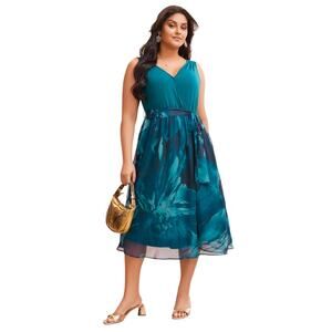 NWT BloomChic Blue Aegean Floral Print Belted Patchwork Midi Tank Dress, 14/16